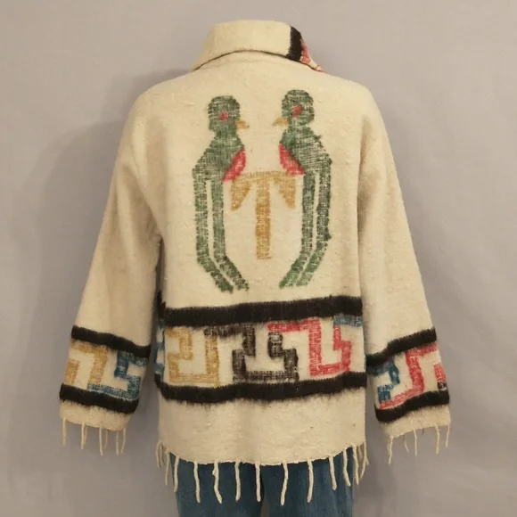 Vintage 70s Wool Jacket Love Birds Hand Crafted South American Woven w Fringe - Picture 2 of 16